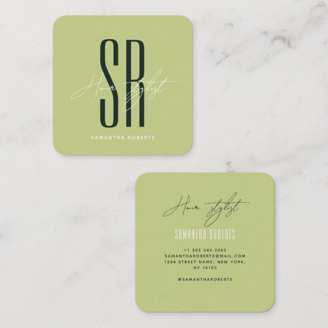 Carte De Visite Carré Hair stylist modern green monogram initials (Devant / Derrière)