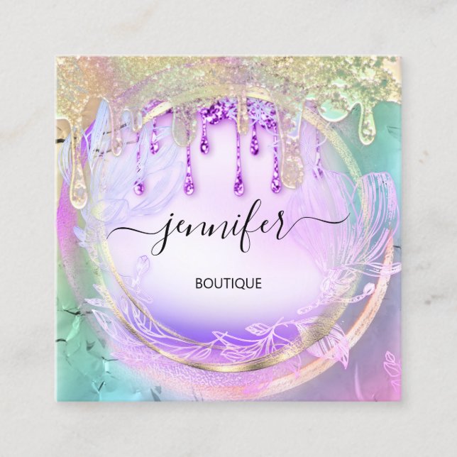 Carte De Visite Carré Holographe Floral QRCode Acrilic clous (Devant)