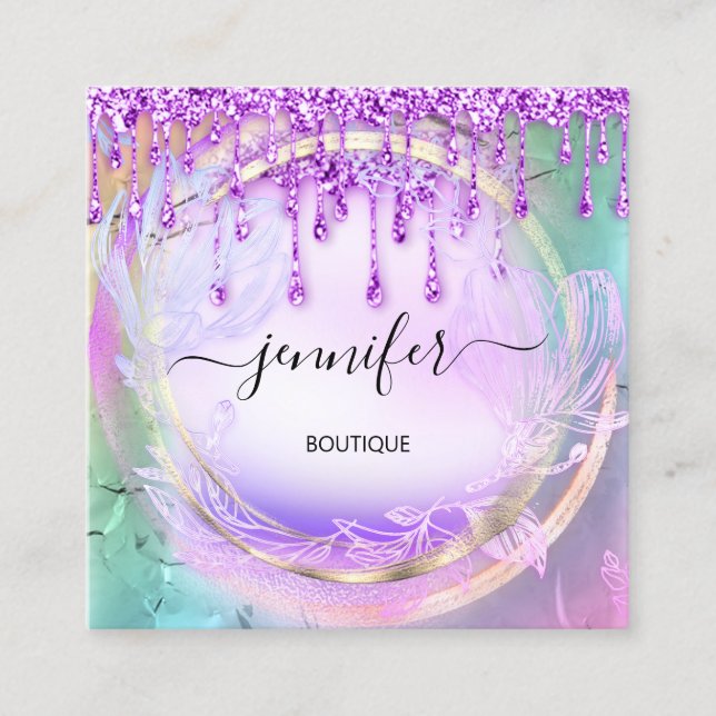 Carte De Visite Carré Holographe Floral QRCode Professional (Devant)