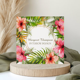 Carte De Visite Carré Ile tropicale Hibiscus Palm Aquarelle Florale