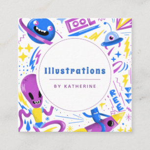 Carte De Visite Carré Illustrateur graphique de style de dessin amusant