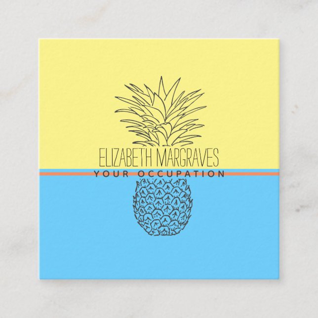 Carte De Visite Carré Illustration Moderne D'Ananas Jaune Et Bleu (Devant)