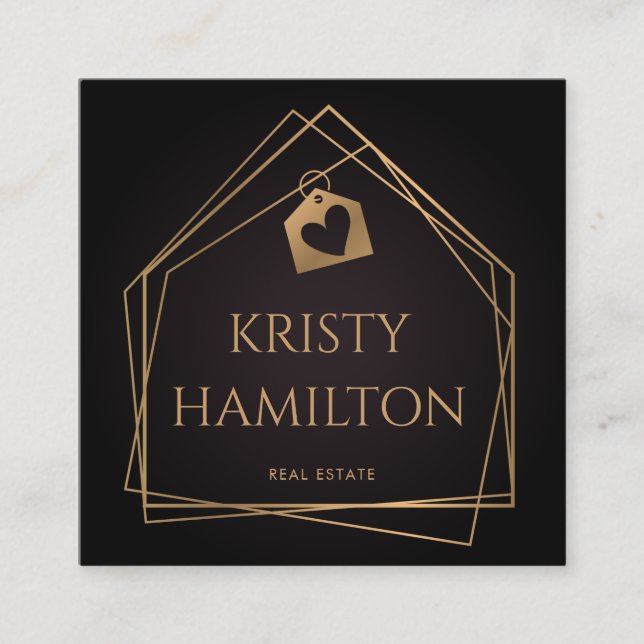 Carte De Visite Carré immobilier professionnel maison courtier or (Devant)