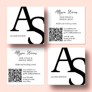 Carte De Visite Carré Initiales du logo Code qr maquillage noir blanc