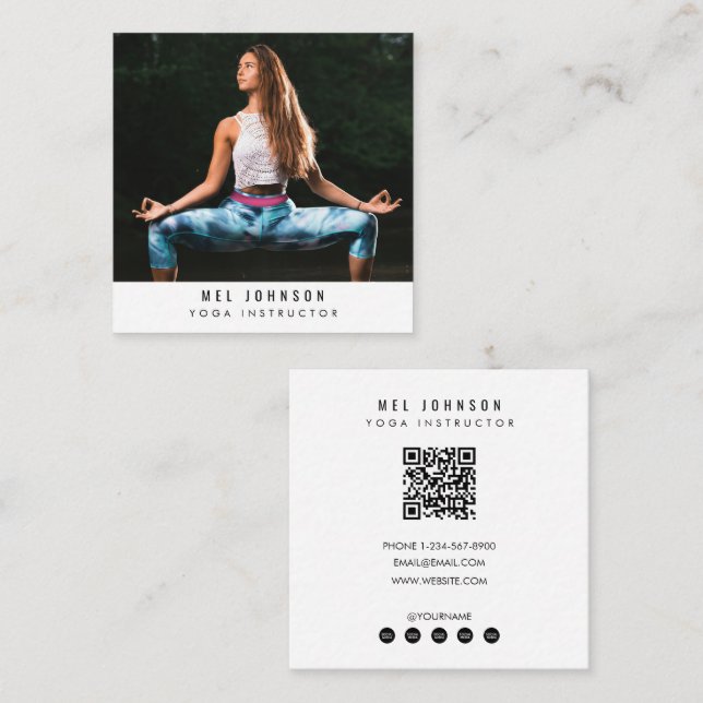 Carte De Visite Carré Instructeur de fitness Yoga moderne QR Code (Devant / Derrière)