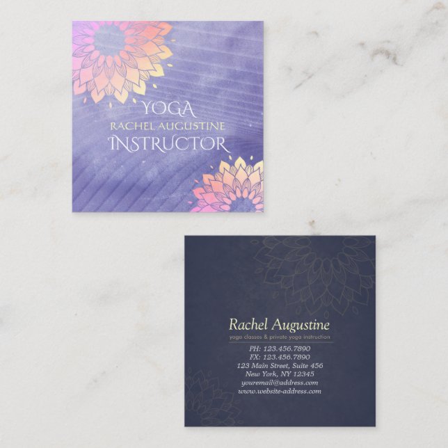 Carte De Visite Carré Instructeur de Yoga violet Rose Gold Mandala (Devant / Derrière)