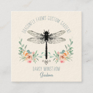 Carte De Visite Carré Jardin floral de libellule à main tirée