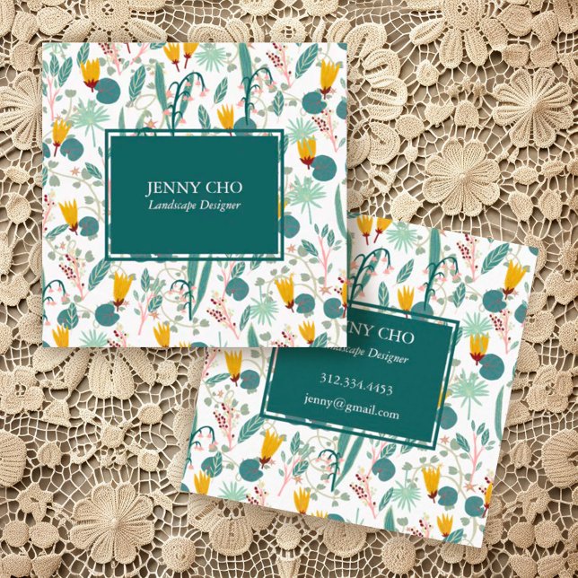 Carte De Visite Carré Jardin Paysage Jardinage Plante Cool moderne (Sweet handmade botanical pattern on these custom square business cards)