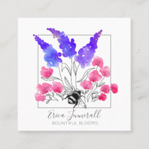 Carte De Visite Carré Jardinier Jardin Fleurs D'Aquarelle Et Abeille