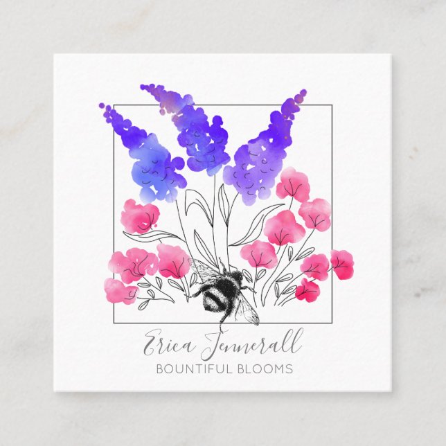 Carte De Visite Carré Jardinier Jardin Fleurs D'Aquarelle Et Abeille (Devant)