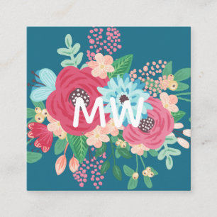 Carte De Visite Carré Joli bouquets de roses - Turquoise & rose - Monogr