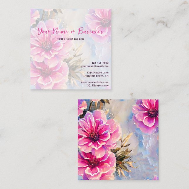 Carte De Visite Carré Joli Chic Fleurs Roses Florales (Devant / Derrière)