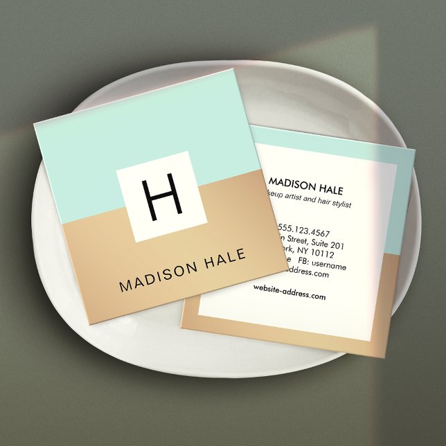 Carte De Visite Carré Jolie Moderne Turquoise Or Monogramme Beauté Styli (Créateur téléchargé)