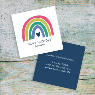 Carte De Visite Carré Jolie Rainbow Pink Navy Green Boho Babysitter