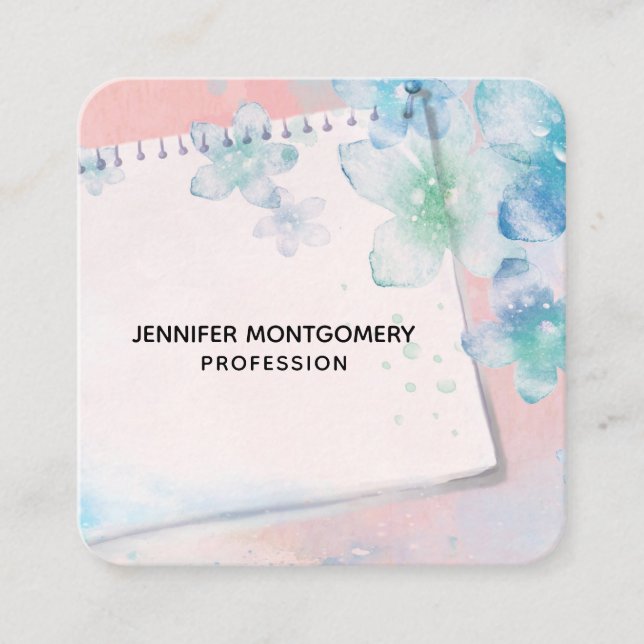 Carte De Visite Carré Jolies fleurs bleues sur Arrière - plan rose (Devant)