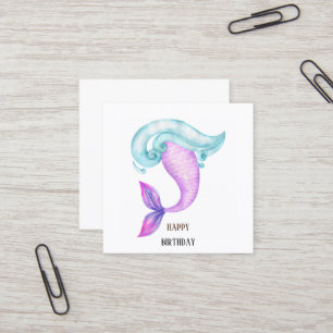 Carte De Visite Carré Jour d'anniversaire de la sirène d'aquarelle rose 