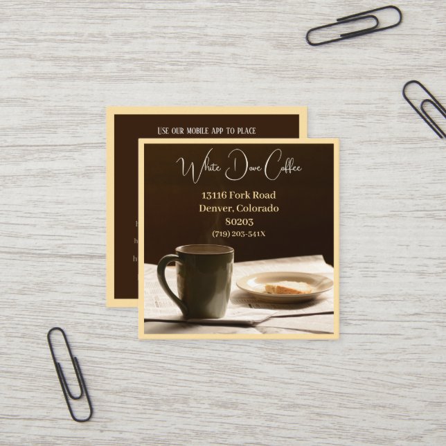 Carte De Visite Carré Journal, Mug & Pain Café Barista Café (Devant/Arrière en situation)