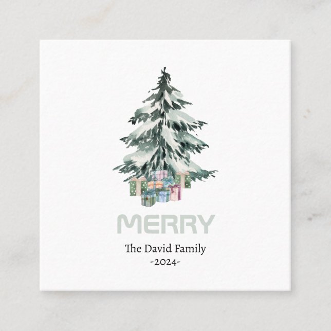 Carte De Visite Carré Joyeux Aquarelle Neige Pine Noël Arbre Cadeaux (Devant)