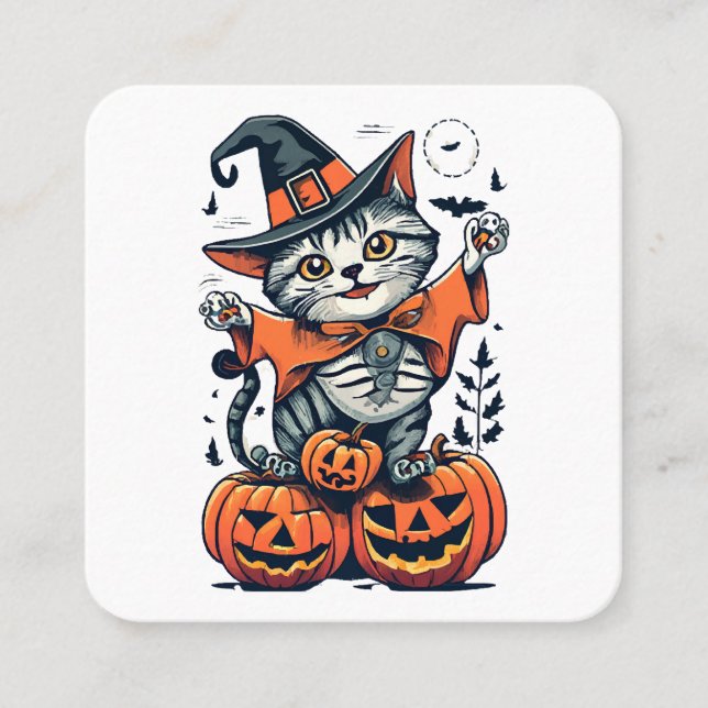 Carte De Visite Carré Joyeux chat sorcier Halloween (Devant)