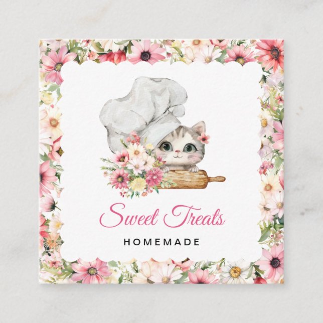 Carte De Visite Carré Kitten Chef Bakery Pink (Devant)