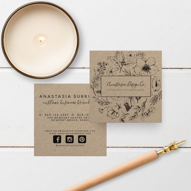 Carte De Visite Carré Kraft botanique moderne et Carré de script noir (Créateur téléchargé)
