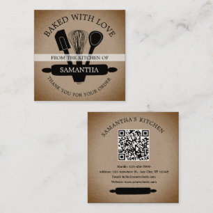 Carte De Visite Carré Kraft Rustique Cuit Avec Amour QR Code Merci