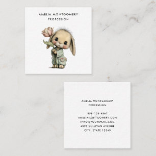 Carte De Visite Carré Lapin mignon tenant une Tulipe