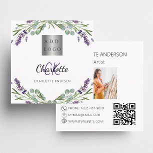 Carte De Visite Carré Lavande fleurs violet logo monogramme photo QR
