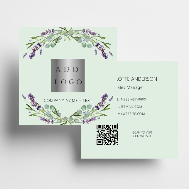 Carte De Visite Carré Lavande fleurs violet vert logo QR code (Créateur téléchargé)
