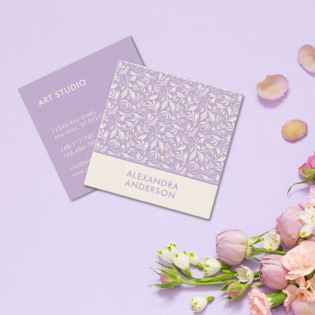Carte De Visite Carré Lavande Motif Feuille violette botanique moderne (Modern Botanical Violet Leaves Pattern Lavender Square Business Card)