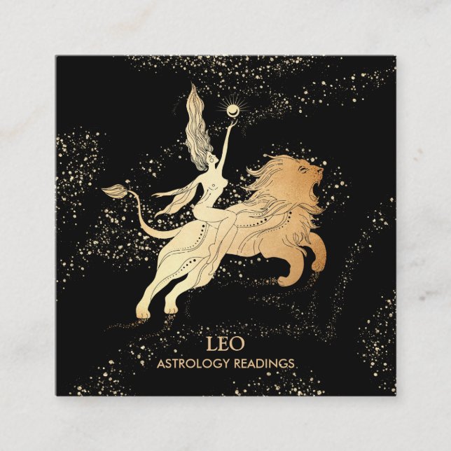 Carte De Visite Carré *~* LEO Zodiac Astrologie Lecture de Black Gold (Devant)