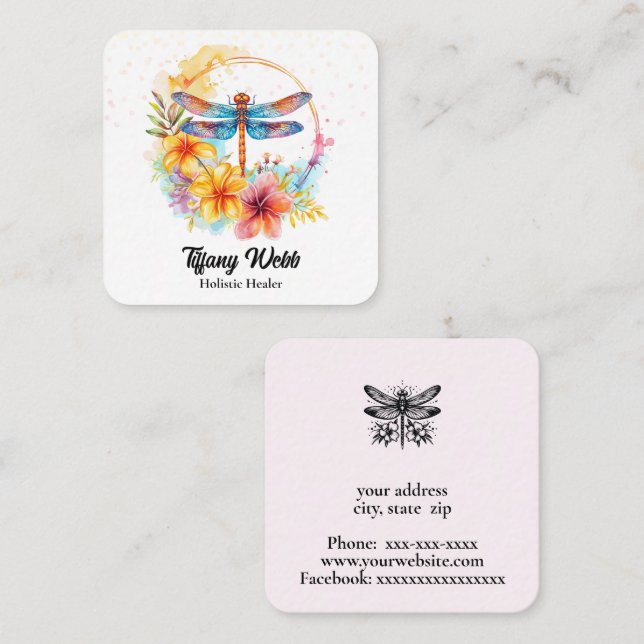 Carte De Visite Carré libellules et fleurs d'aquarelle (Devant / Derrière)