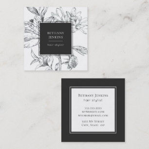 Carte De Visite Carré Ligne chic tiré noir blanc floral