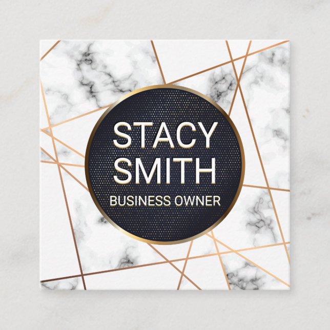Carte De Visite Carré Lignes Abstraites | Marbre | Bannière dorée (Devant)