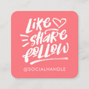 Carte De Visite Carré Like Share Suivre le script Brush Coral Social Med