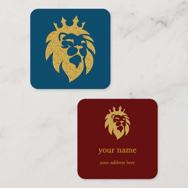 Carte De Visite Carré Lion Avec Couronne - Style Or 1 (Devant / Derrière)