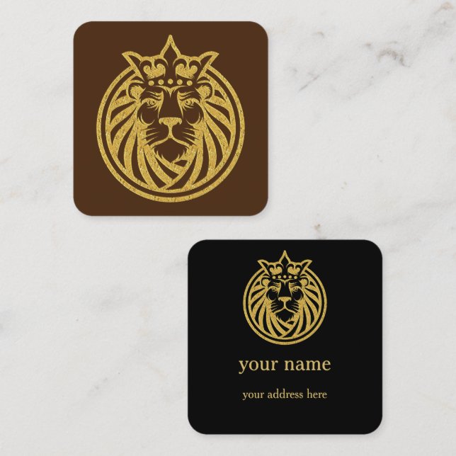 Carte De Visite Carré Lion Avec Couronne - Style Or 4 (Devant / Derrière)