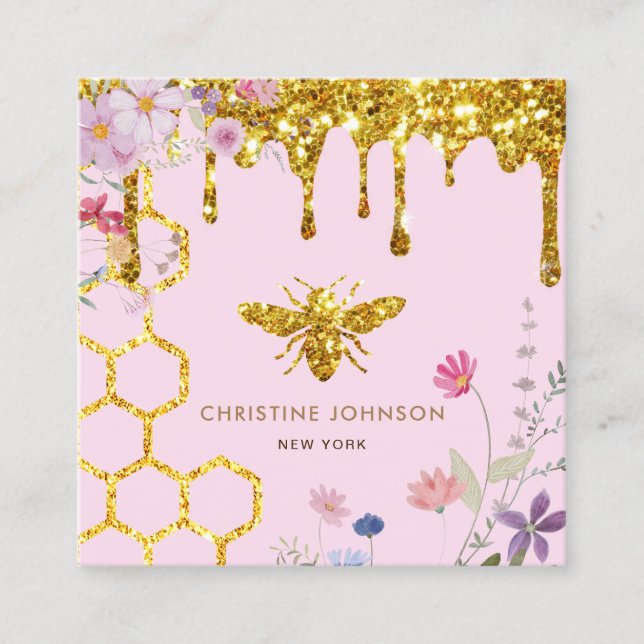 Carte De Visite Carré logo abeille et rose fleur sauvage (Devant)