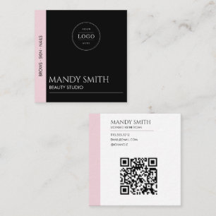 Carte De Visite Carré Logo Beauté QR Moderne Rose et Noir