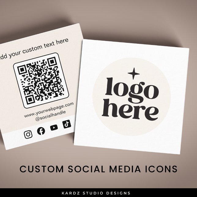 Carte De Visite Carré Logo beige QR Code Médias sociaux (Add your logo, create QR by entering URL, add custom social media icons and text. )