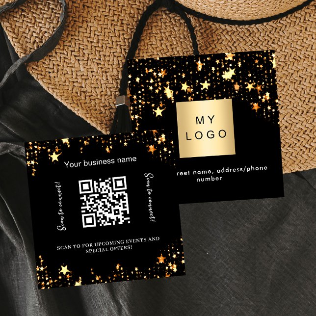 Carte De Visite Carré Logo Black gold stars code QR (Créateur téléchargé)