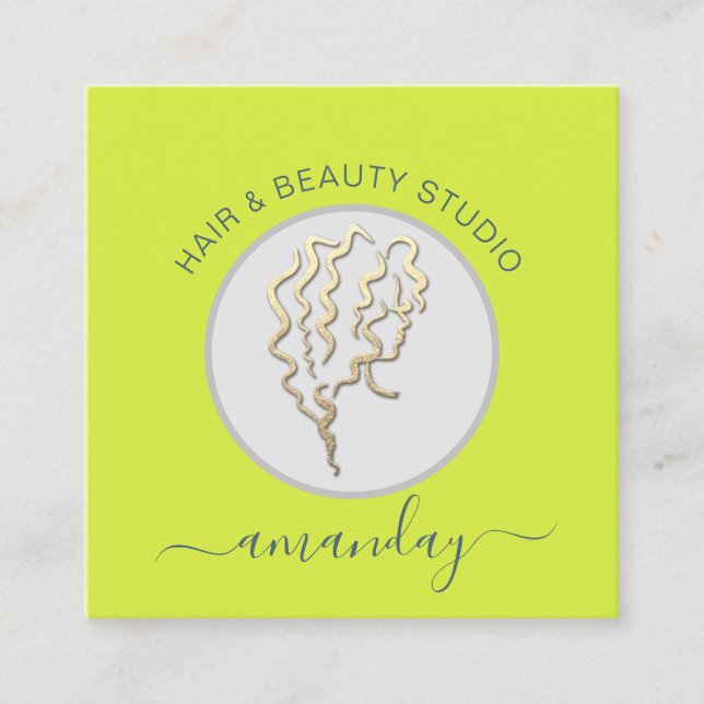 Carte De Visite Carré Logo Coiffeur maquillage Artiste Jaune QR Code (Devant)