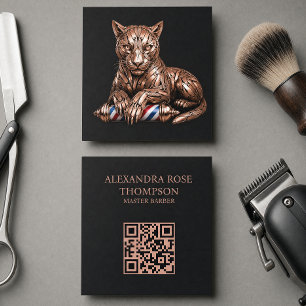 Carte De Visite Carré Logo de barbier Rose Gold Rasoir Panthère Salon de