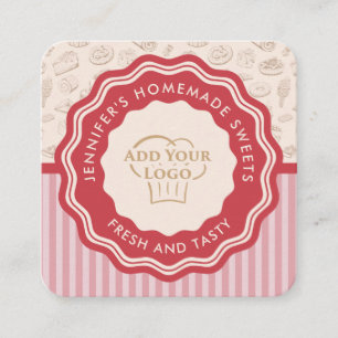 Carte De Visite Carré Logo de boulangerie à rayures roses rétro personna
