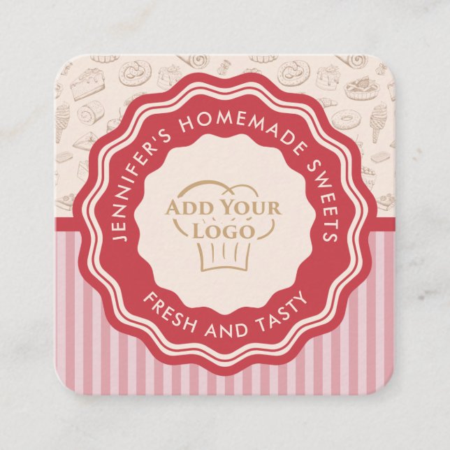 Carte De Visite Carré Logo de boulangerie à rayures roses rétro personna (Devant)