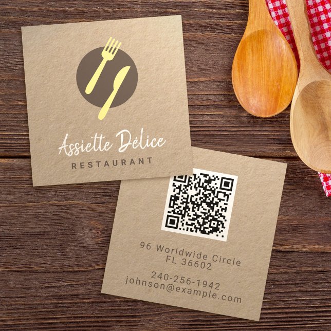 Carte De Visite Carré Logo de code QR personnalisé Cuisine Business & Re (Créateur téléchargé)