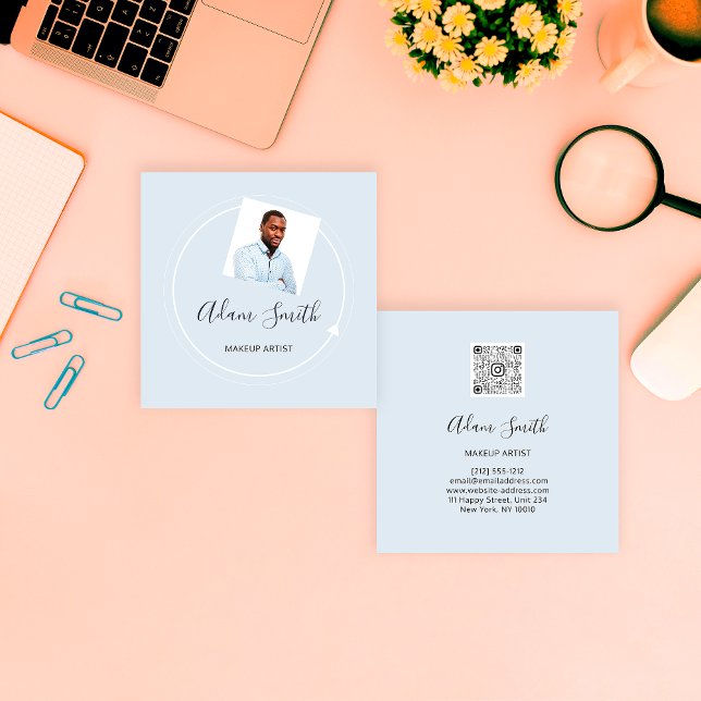 Carte De Visite Carré Logo de code QR personnalisé maquillage photo bleu (QR Code Logo Custom Custom Photo Makeup Blue Square Business Card)