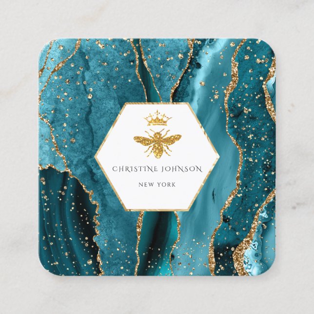 Carte De Visite Carré Logo de l'abeille Queen sur agate turquoise (Devant)