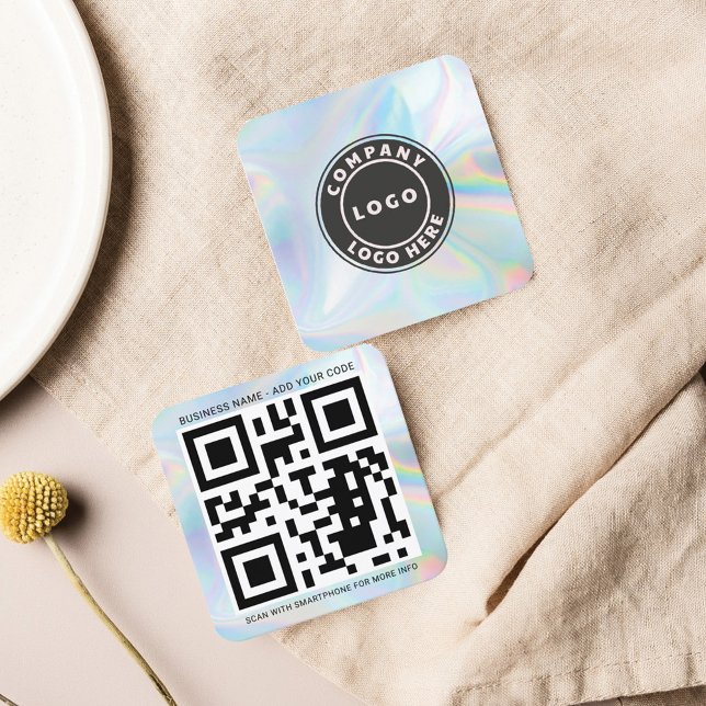 Carte De Visite Carré Logo de l'entreprise personnalisée et holographiqu (Company Logo QR Code Rounded Corner Square Business Card)
