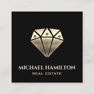 Carte De Visite Carré Logo de maison de diamant en or professionnel
